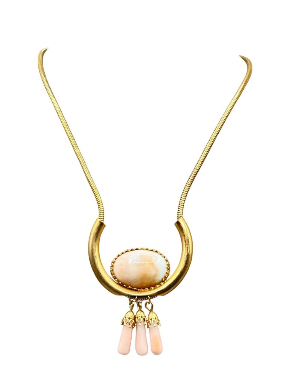 Vintage Faux Angel Skin Coral Glass Necklace Cabochon and Drops On Coil Chain